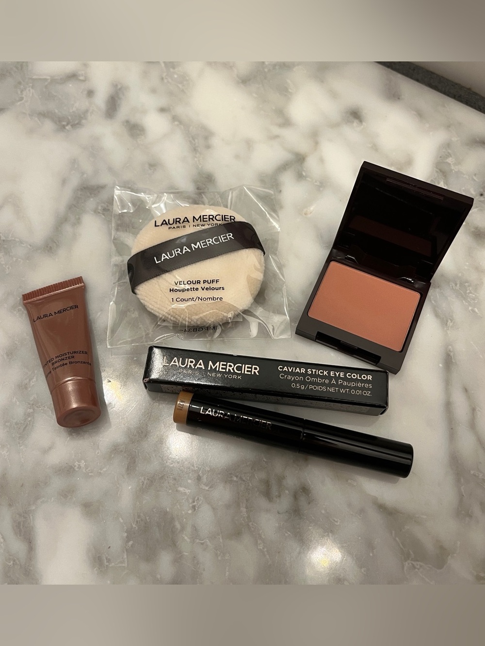 4 Piece Laura Mercier Travel Set - Eyeshadow Stick, Blush, Bronzer, Velour Puff